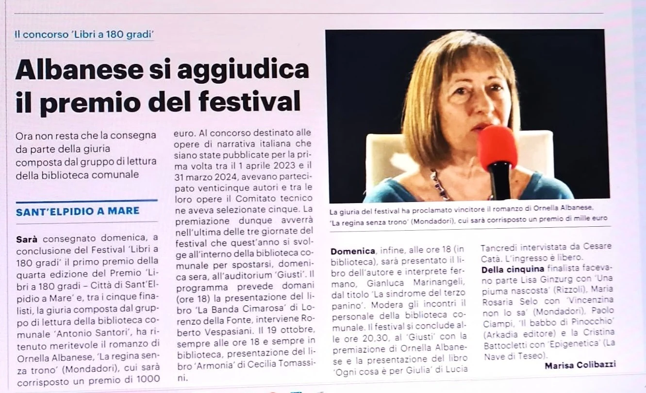 Articolo di giornale: Albanese si aggiudica il premio del festival Libri a 180 gradi